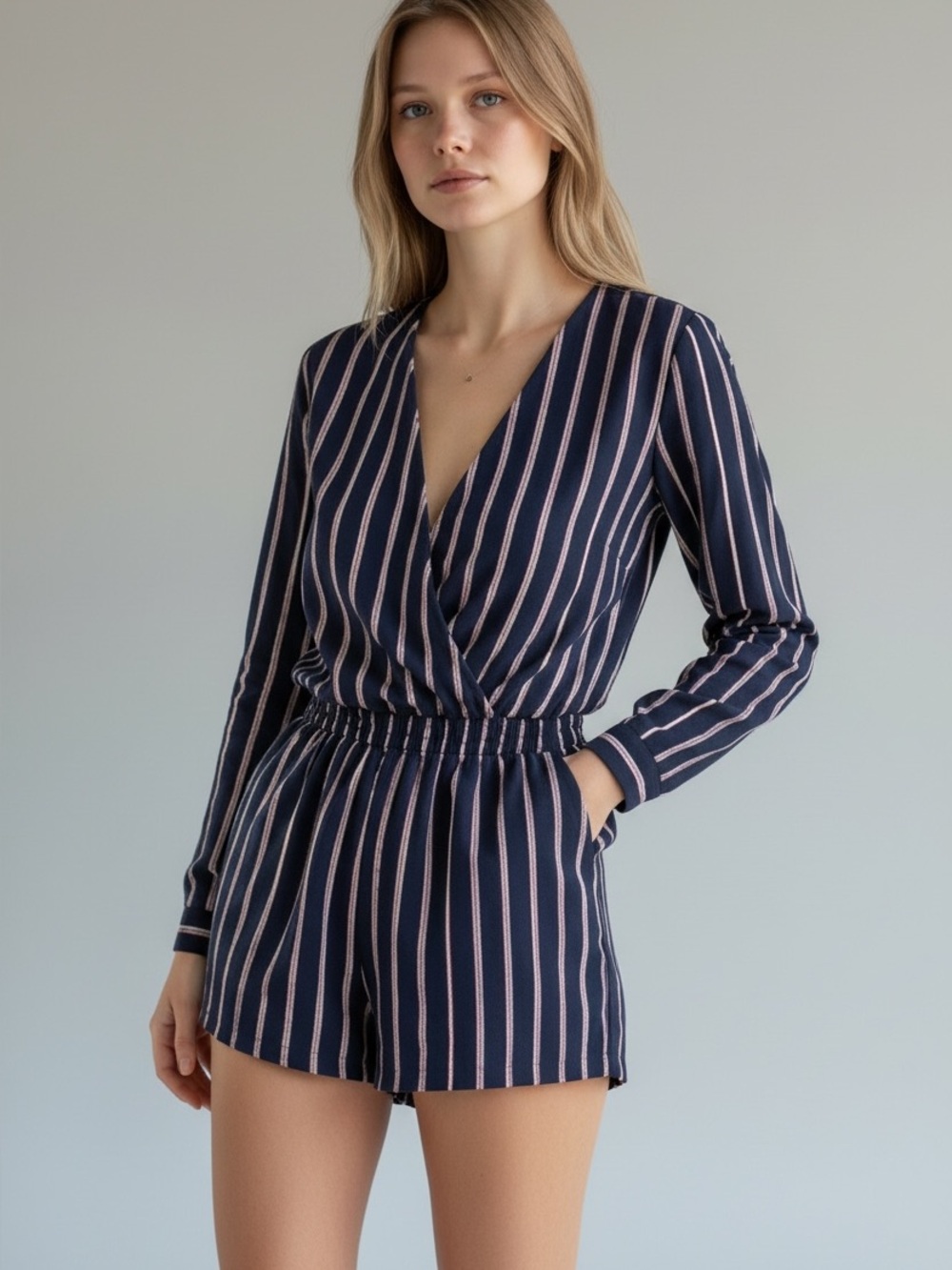 Korye Striped Surplice Wrap Romper Navy Blue Red White Long Sleeve Small